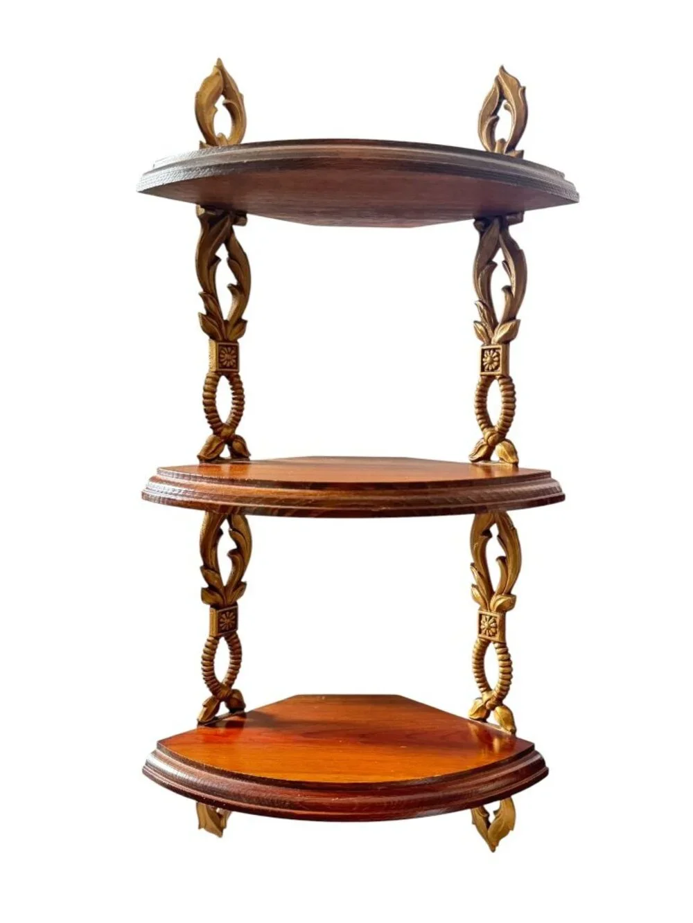 Vintage Sexton 3 Tier Wooden Wall Corner Shelf With Ornate Metal Brackets